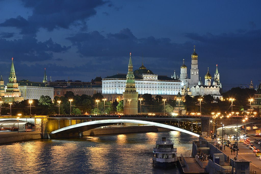 Moscow Kremlin view across the Bolshoy Kamenny Bridge late evening.