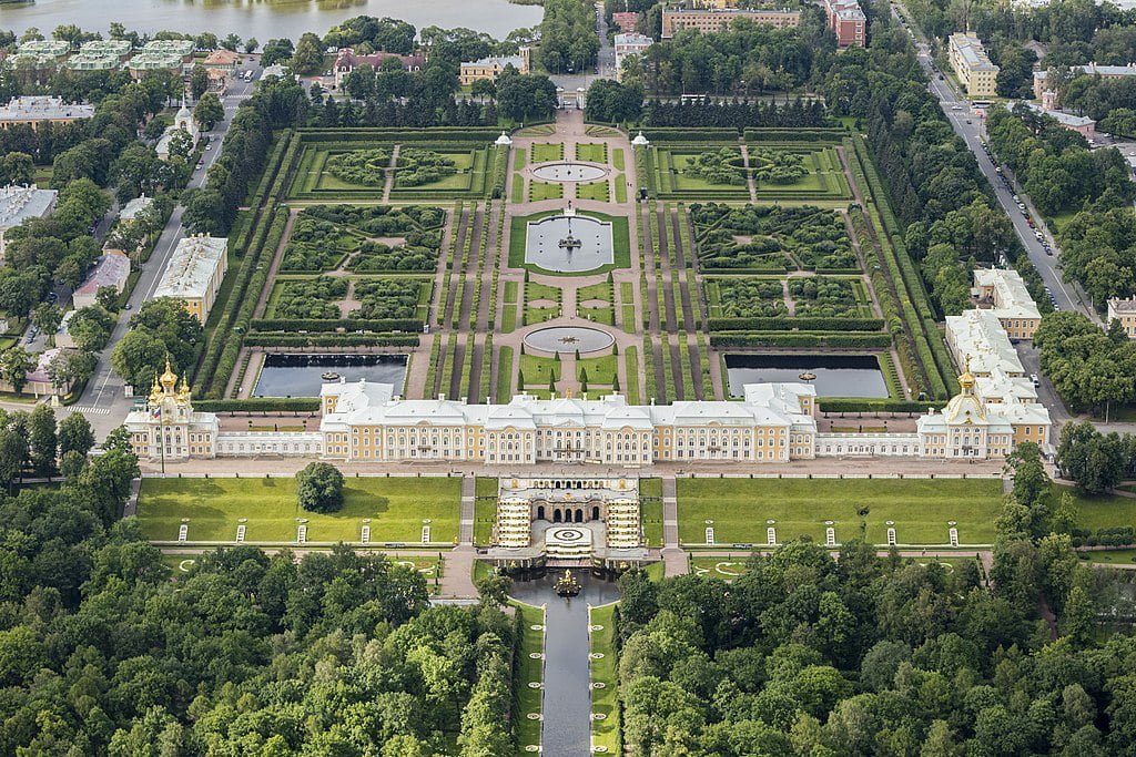 The stunning gardens of Peterhof Palace from bird's eye view.
