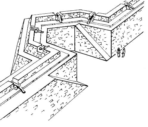 A hand-drawn 3D diagram of a bastion in a star fort.