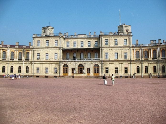 The front facade of Gatchina Palace.