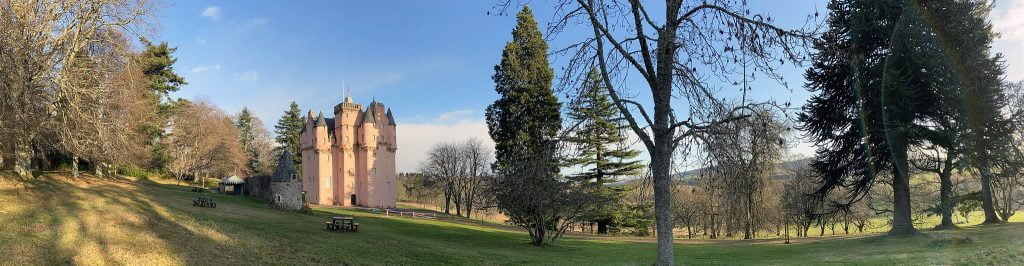 A panoramic view view of Craigievar Castle.