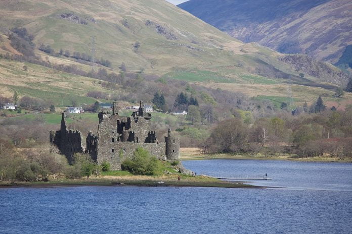 Kilchurn Castle sitting on the bank of Loch Awe.