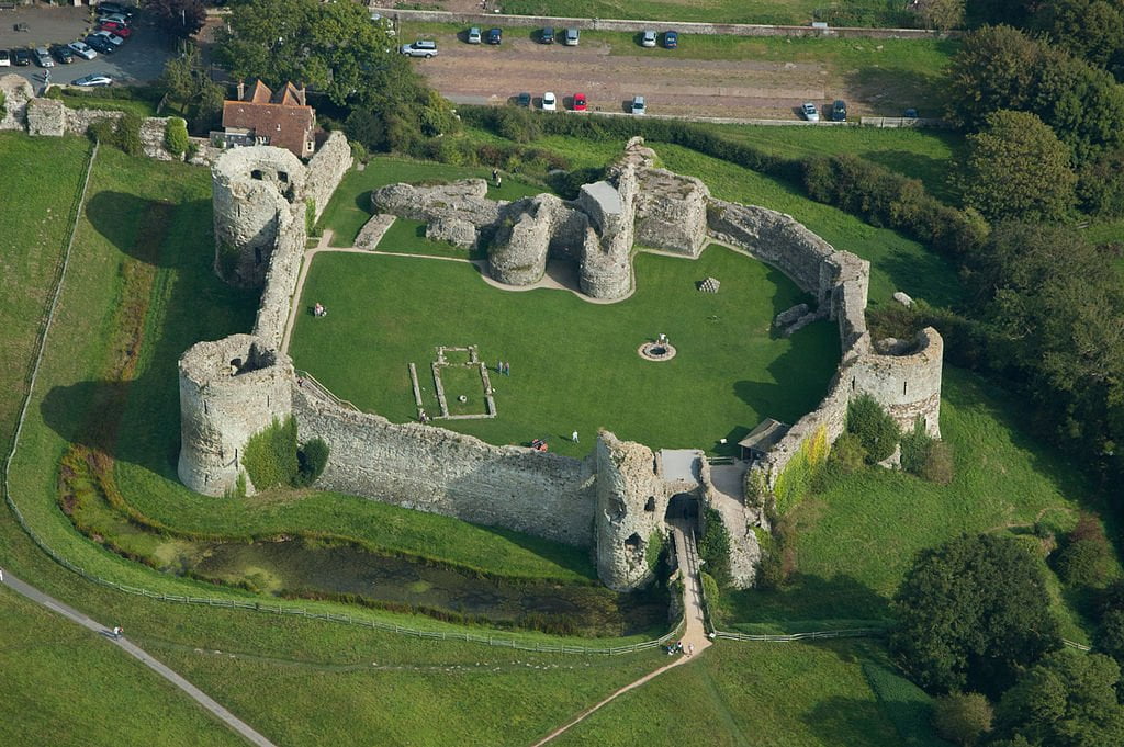 An aerial view of Pevensey Castle’s ruins.
