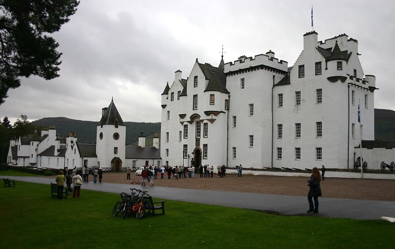 The side view of Blair Castle with some visitors.