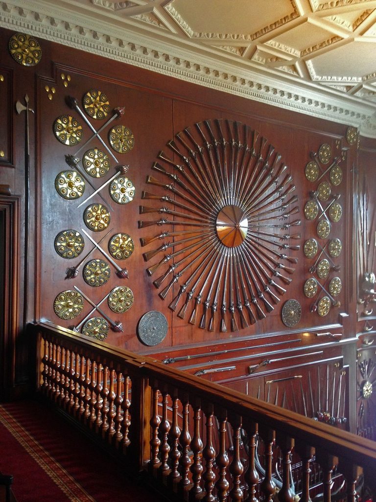 The weapon display at Blair Castle, including muskets and targes (shields) from the Battle of Culloden.