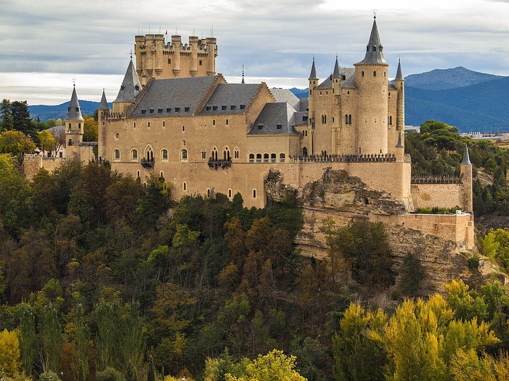 The pink walls of the Alcazar of Segovia in Spain.