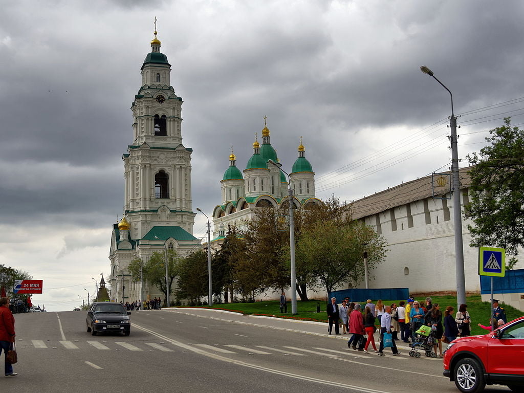 Astrakhan's tower against a cloudy sky.