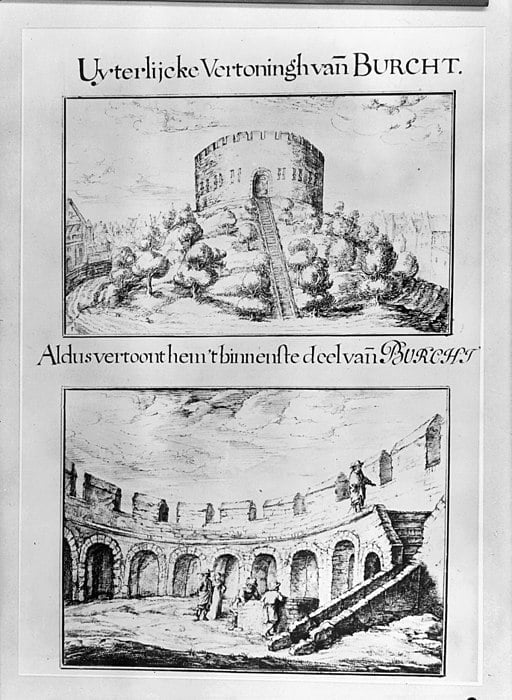 The outside and inside of the Burcht van Lieden, a shell keep constructed in the Netherlands.