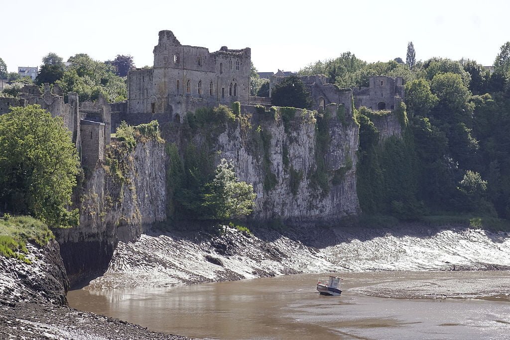 The remains of Chepstow Castle overlooking the River Wye.