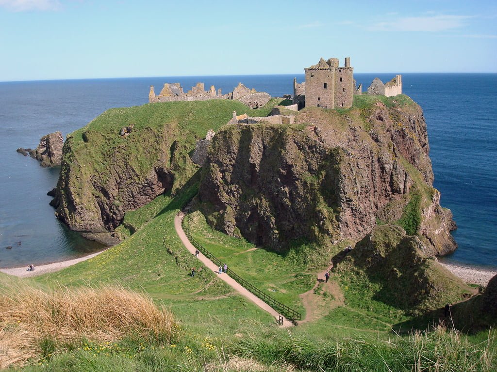 The Scottish castle of Dunnottar on a sunny day.