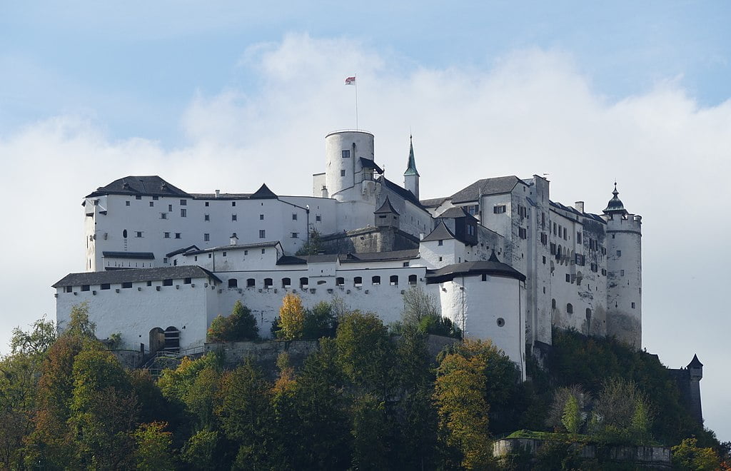 The vast expanse of Hohensalzburg Fortress atop the Festungsberg, overlooking Salzburg.