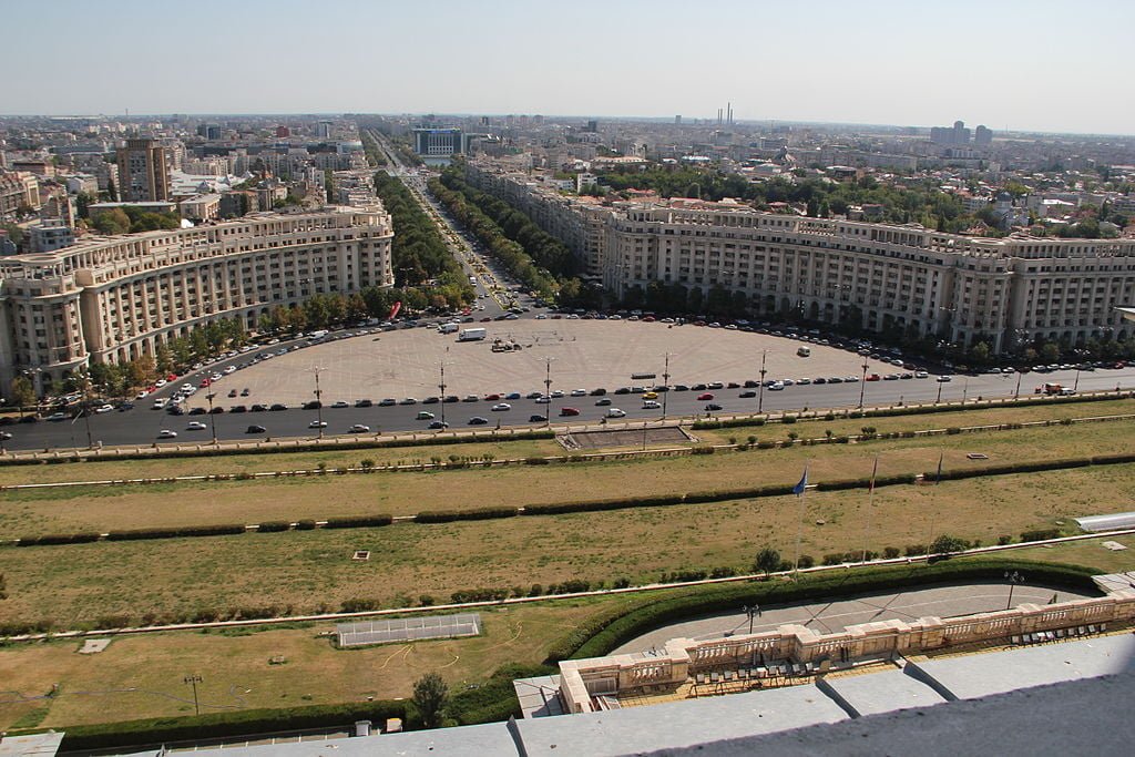 Overlooking the grand Palace of the Parliament in Bucharest.