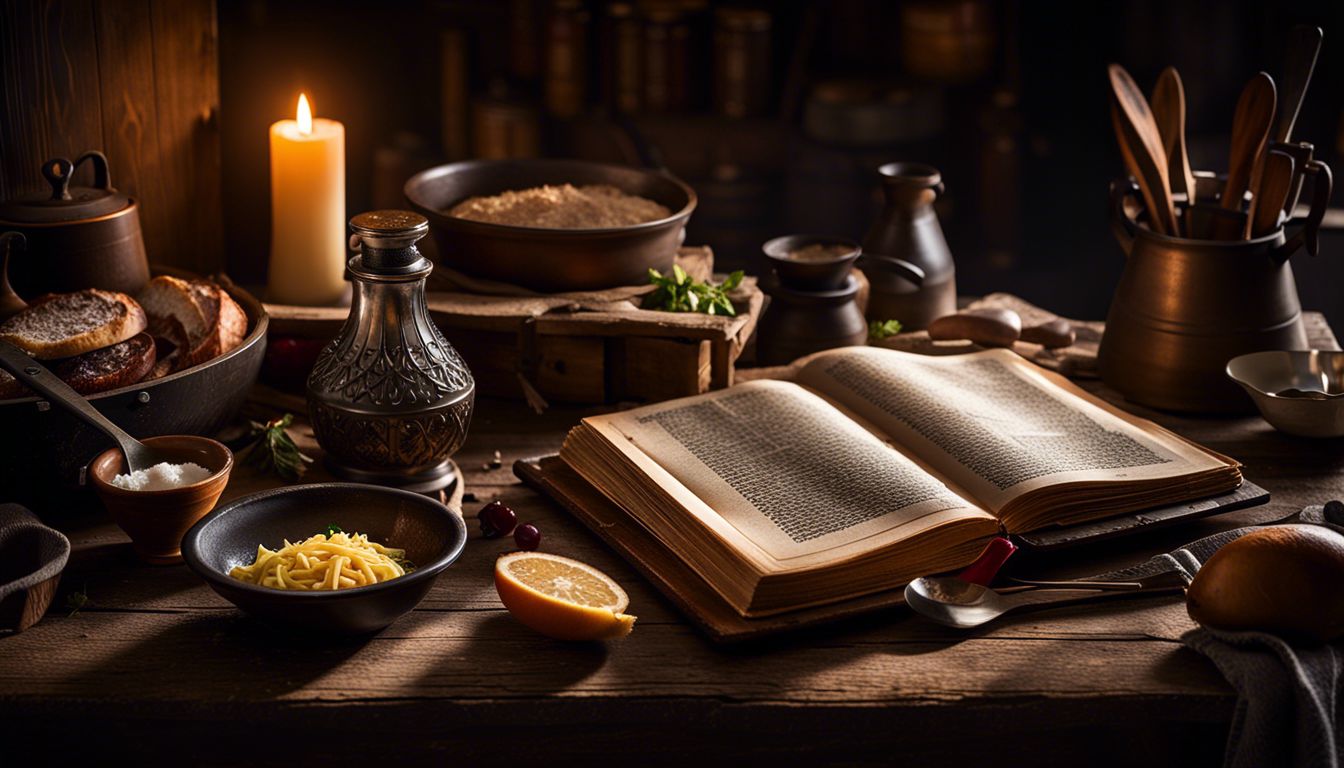 A rustic table with a medieval cookery book and vintage utensils.