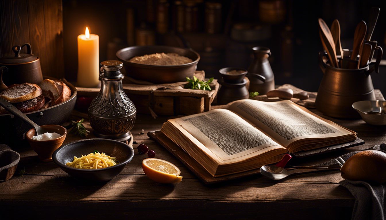 A rustic table with a medieval cookery book and vintage utensils. A rustic table with a medieval cookery book and vintage utensils.