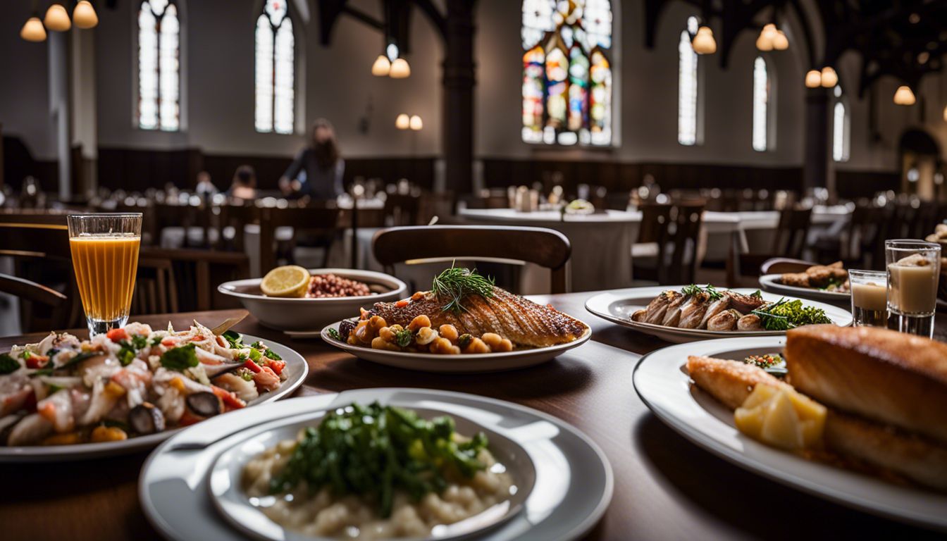 Table of fish dishes with a church in the background.