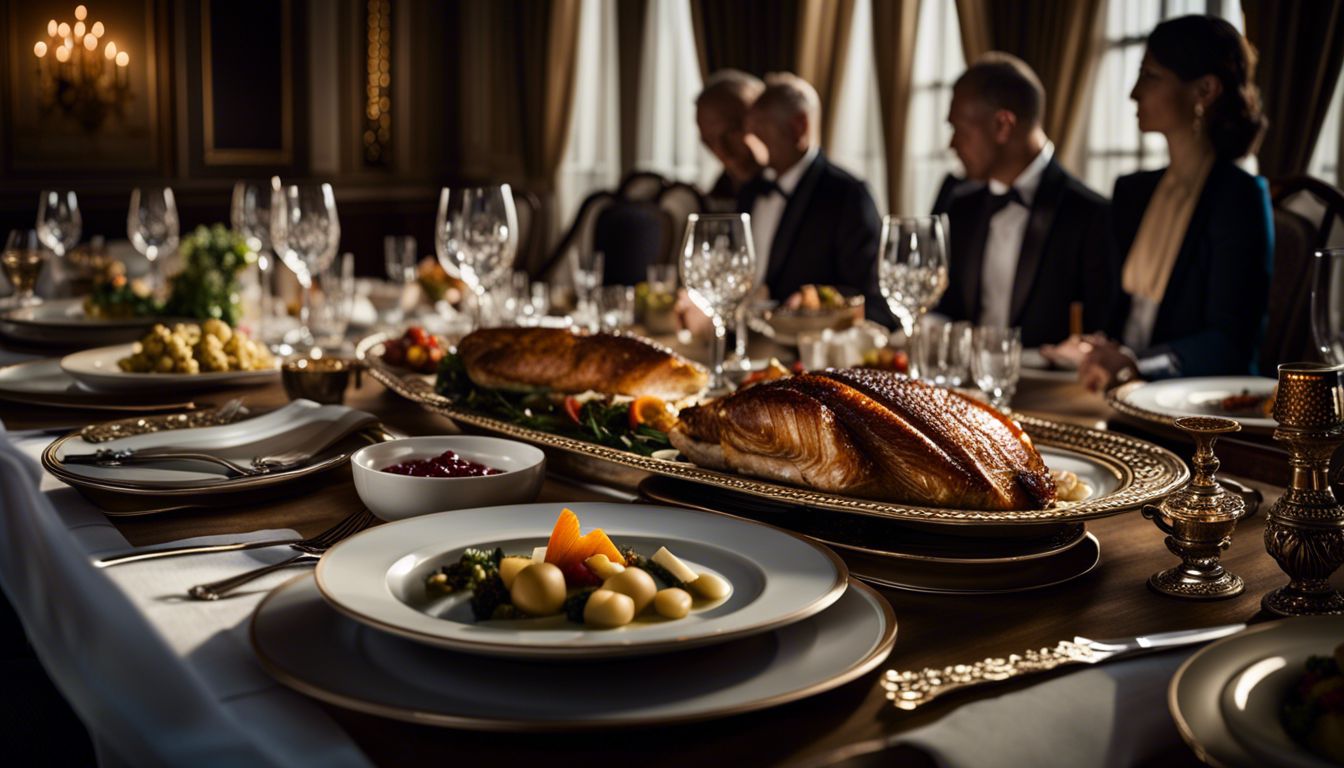 A stark contrast between a luxurious banquet and a humble meal.