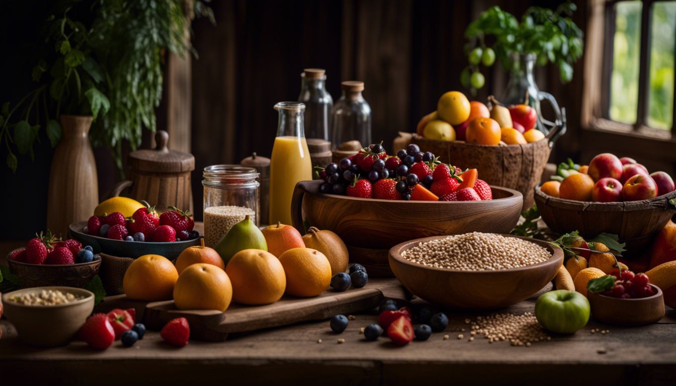 A vibrant assortment of fresh foods on a rustic wooden table.