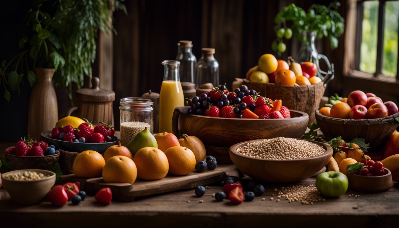 A vibrant assortment of fresh foods on a rustic wooden table. A vibrant assortment of fresh foods on a rustic wooden table.