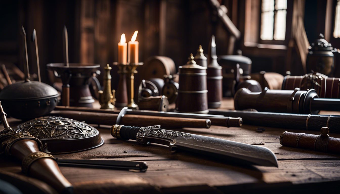 Collection of medieval weapons on a wooden table in natural lighting.
