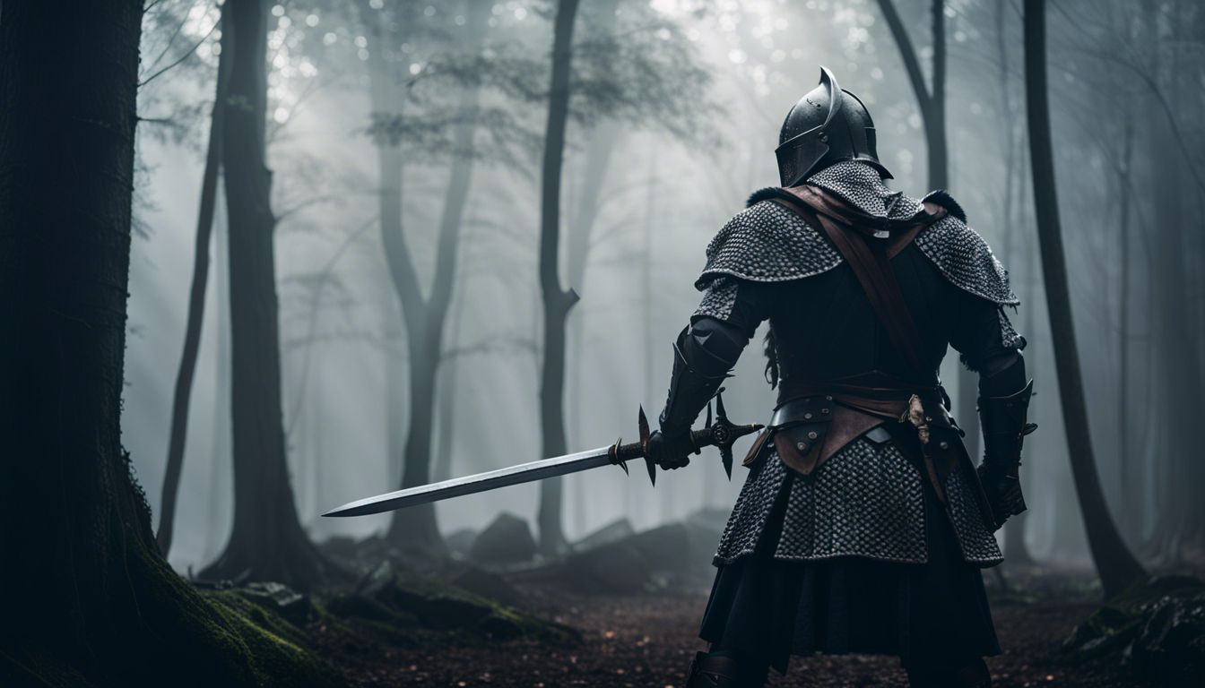 A knight in a misty forest wields a deadly sword.