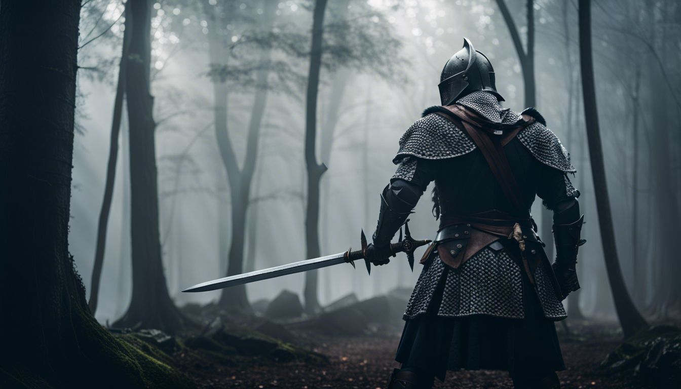A knight in a misty forest wields a deadly sword. A knight in a misty forest wields a deadly sword.