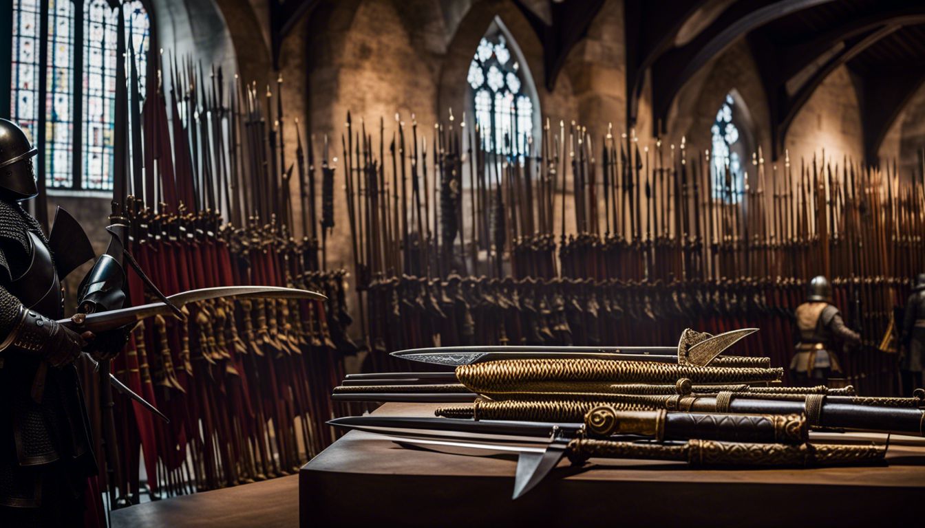 A display of medieval weapons and armor in a history museum. A display of medieval weapons and armor in a history museum.