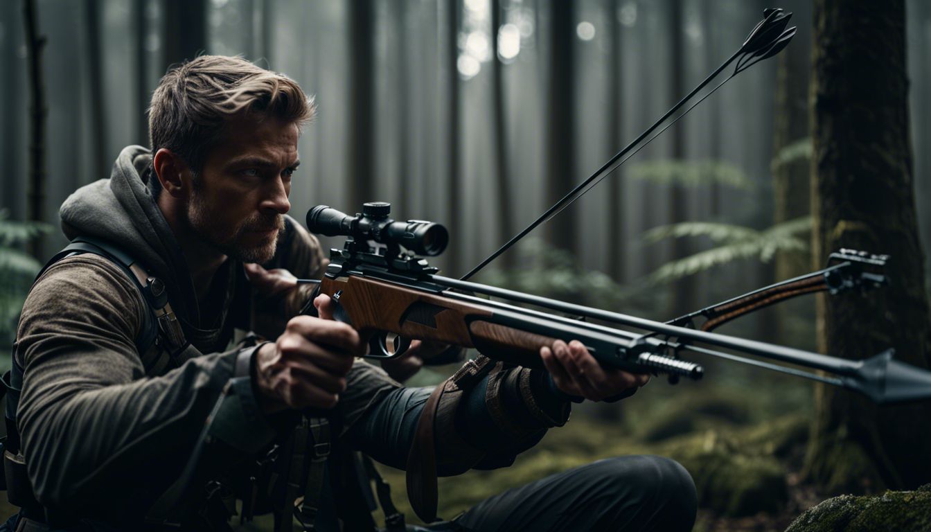 A Caucasian warrior aiming a crossbow in a forest setting.