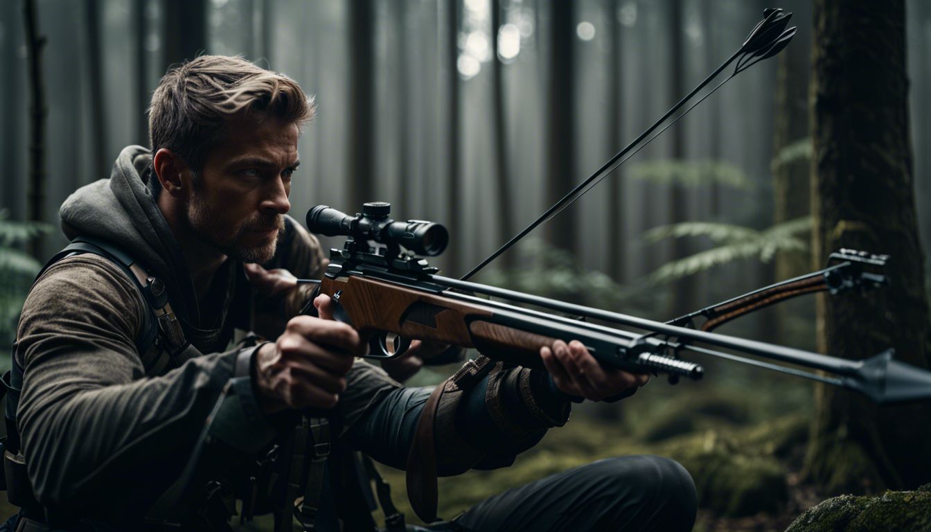 A Caucasian warrior aiming a crossbow in a forest setting. A Caucasian warrior aiming a crossbow in a forest setting.
