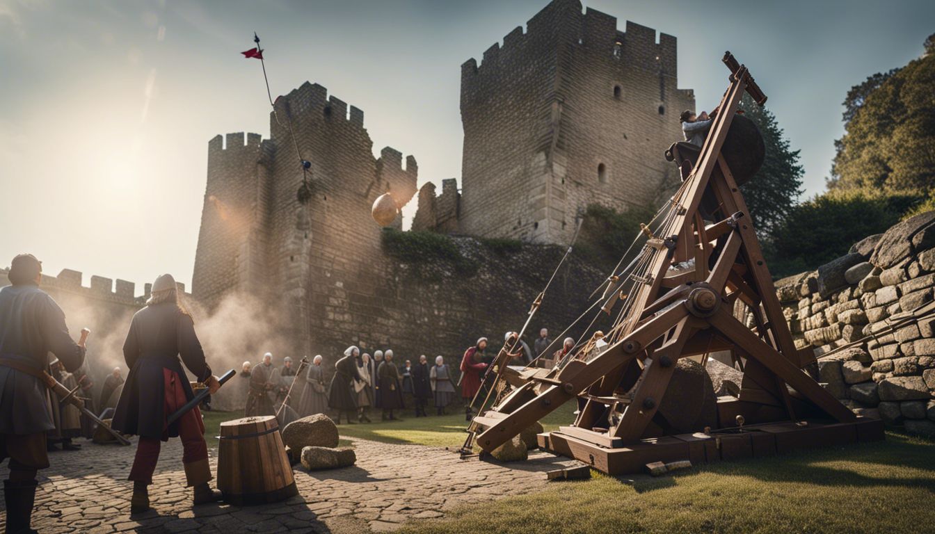 Medieval trebuchet launching boulder at castle wall in bustling atmosphere.
