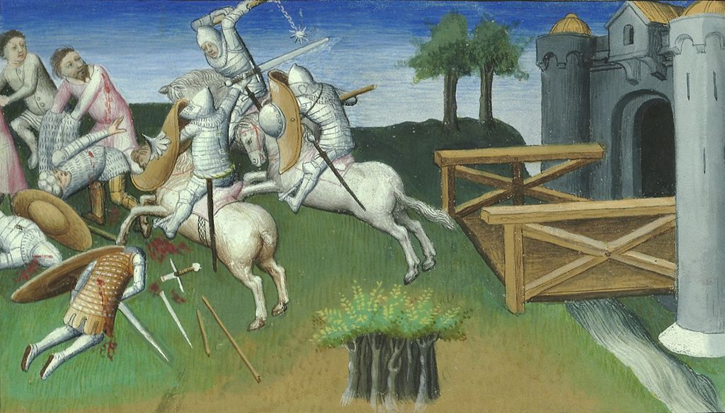A folio illustrating how medieval knights use the morning star in battle.