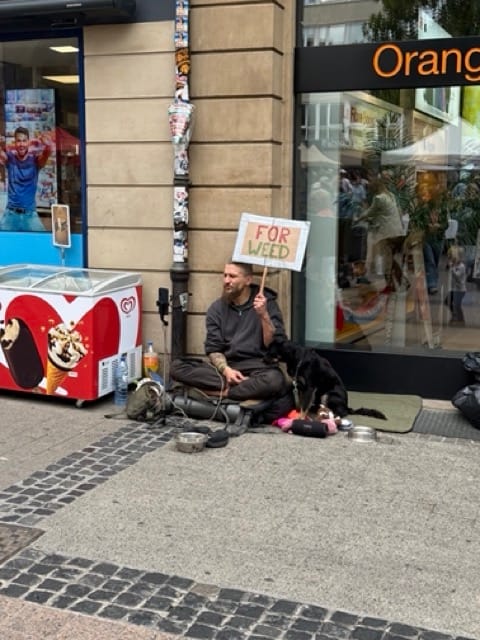 Street scene in central Luxembourg City with a man holding a For Weed sign