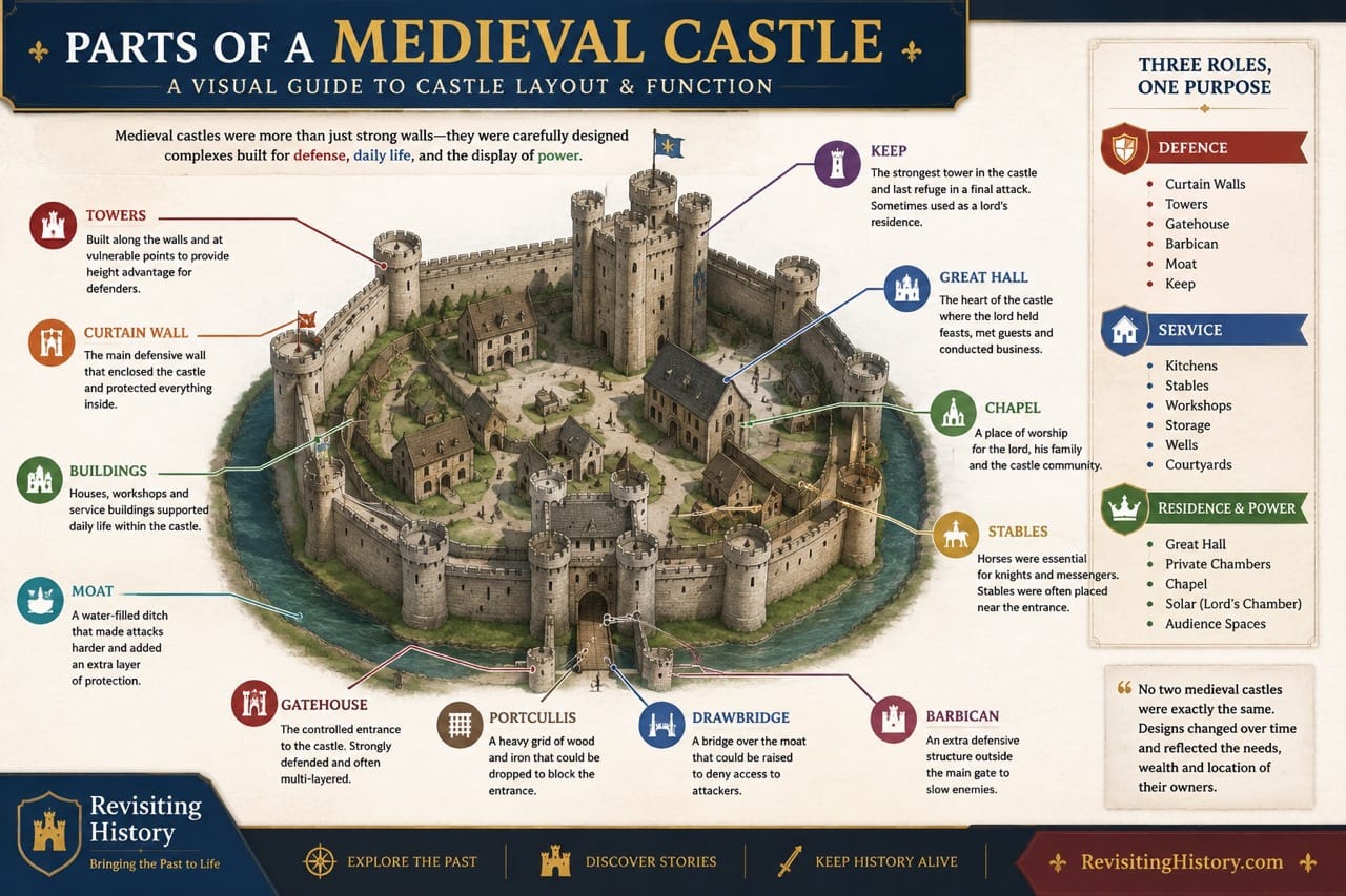 Illustrated medieval castle diagram labeling the keep, towers, curtain wall, gatehouse, barbican, portcullis, drawbridge, moat, great hall, chapel, stables and service buildings.