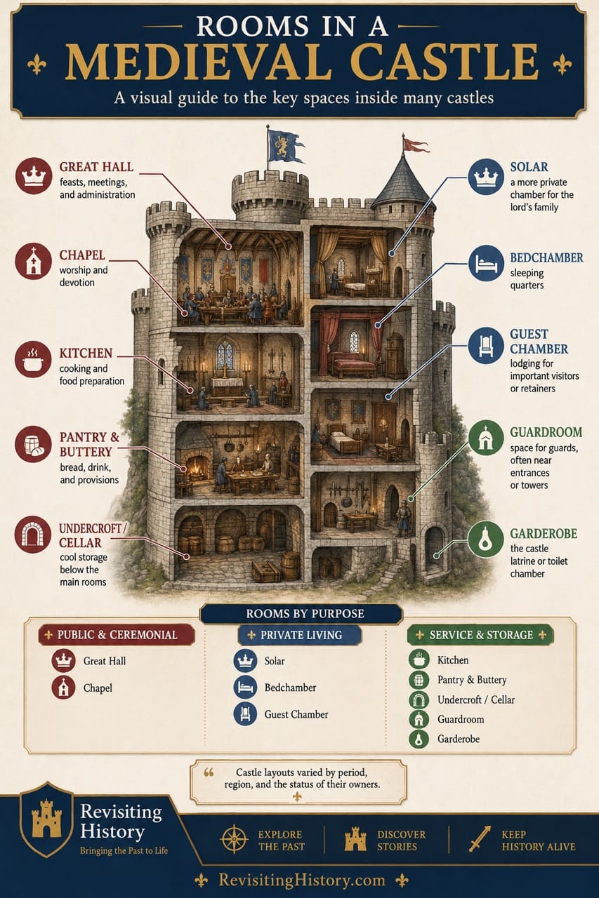 Illustrated medieval castle cutaway showing the great hall, solar, bedchamber, guest chamber, chapel, kitchen, pantry and buttery, undercroft, guardroom and garderobe.