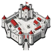 Illustrated medieval castle layout icon in Revisiting History colors