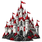 Illustration of a fairy-tale castle with red roofs and flags