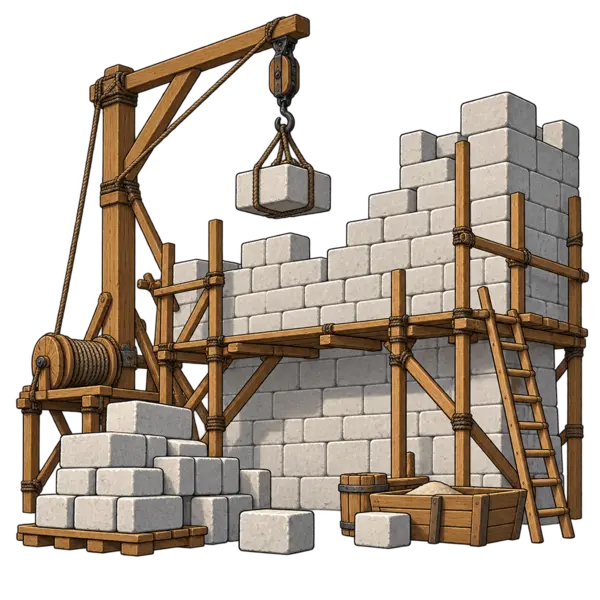 Illustration of medieval castle construction with scaffold and stone blocks