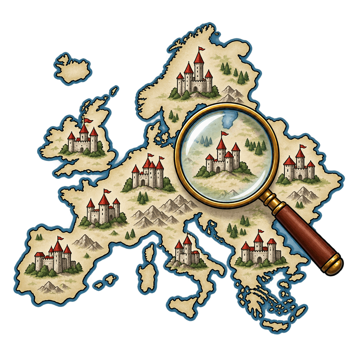 Illustration comparing castles on a map of Europe
