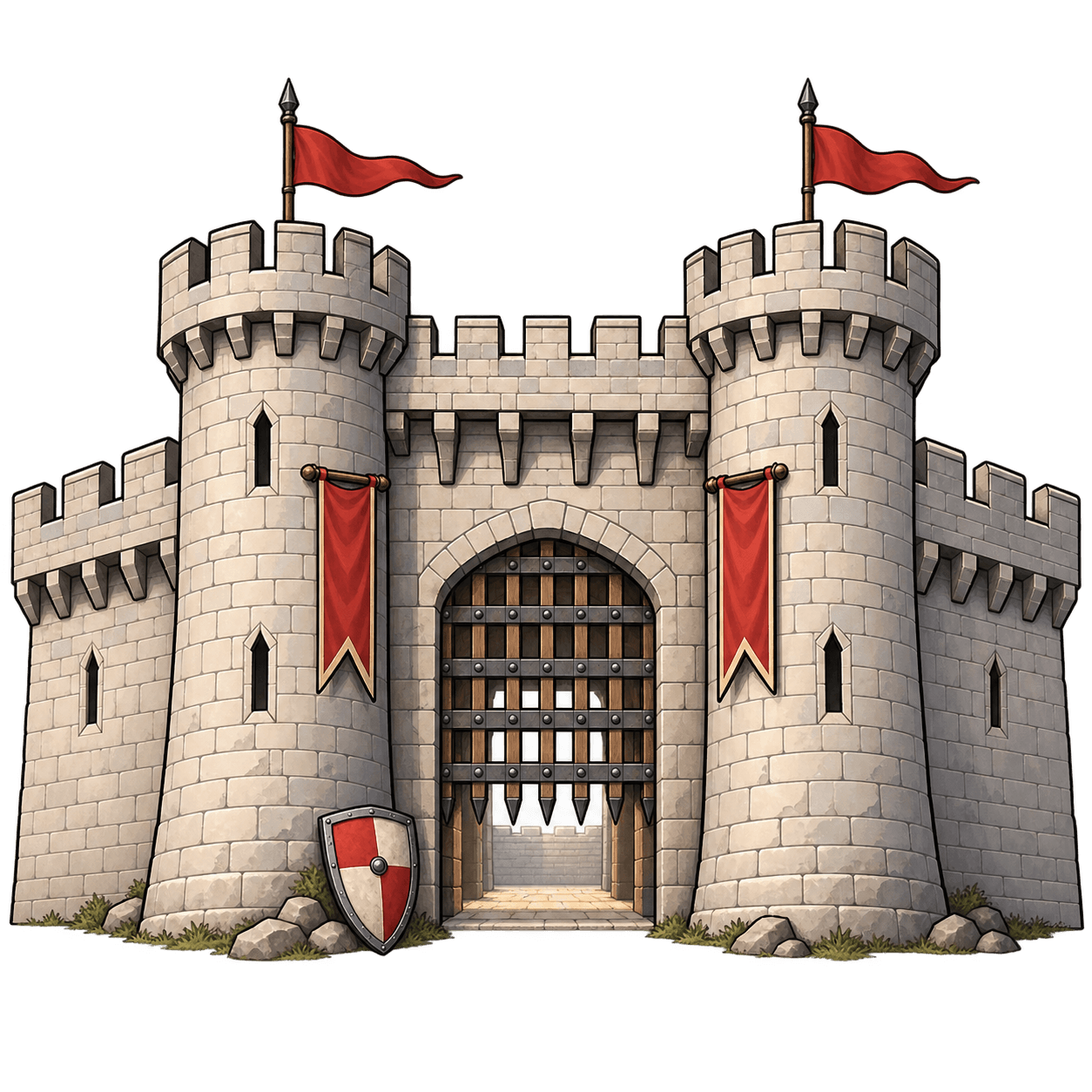 Illustration of a fortified medieval castle wall and gate