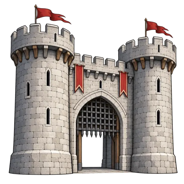 Illustration of a medieval gatehouse with a portcullis