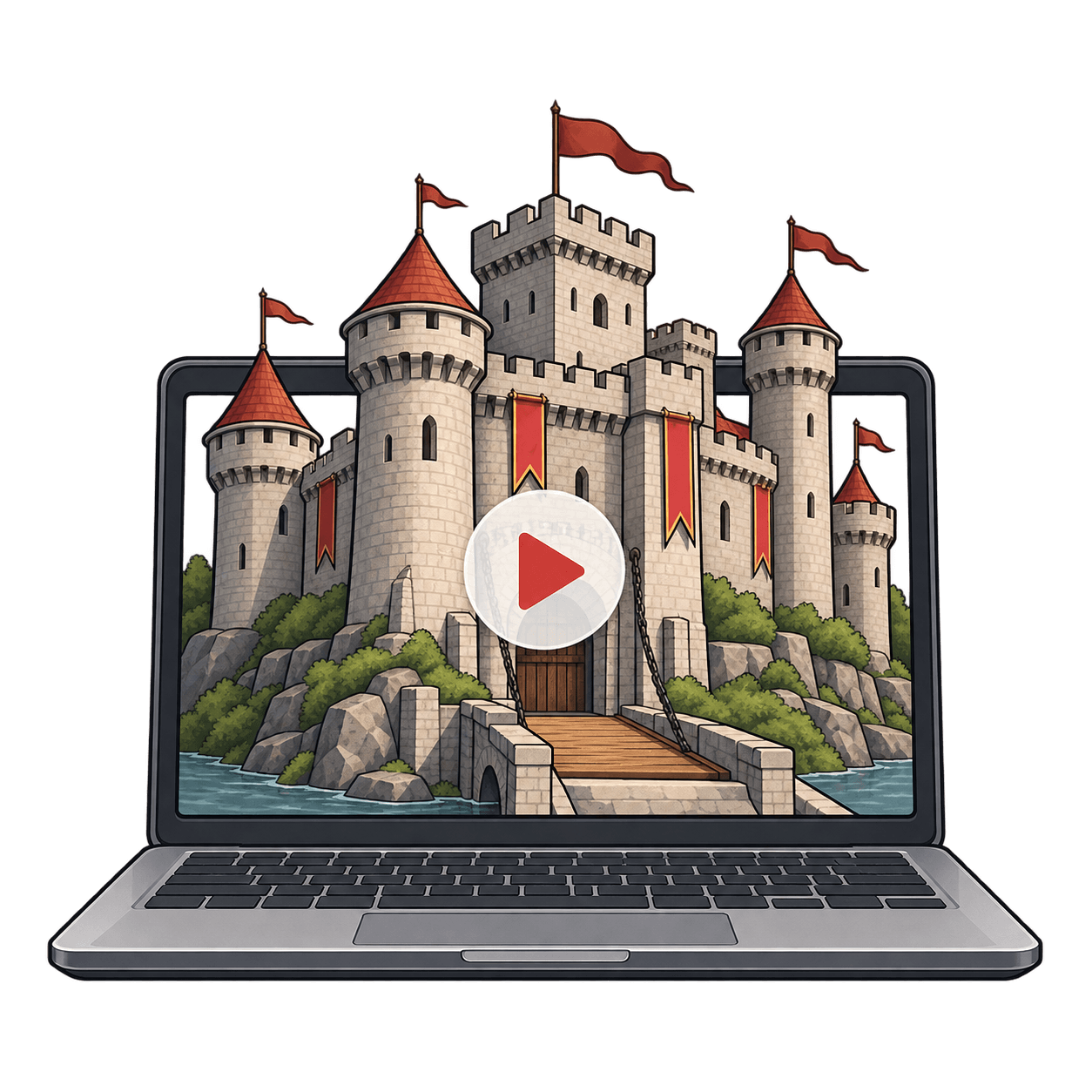 Illustration of a castle tour displayed on a laptop