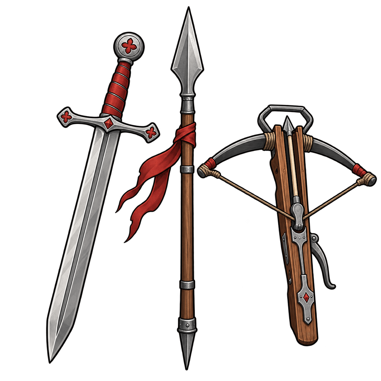 Illustration of a medieval sword, spear and crossbow
