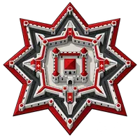 Illustration of a geometric star fort in red, white and gray
